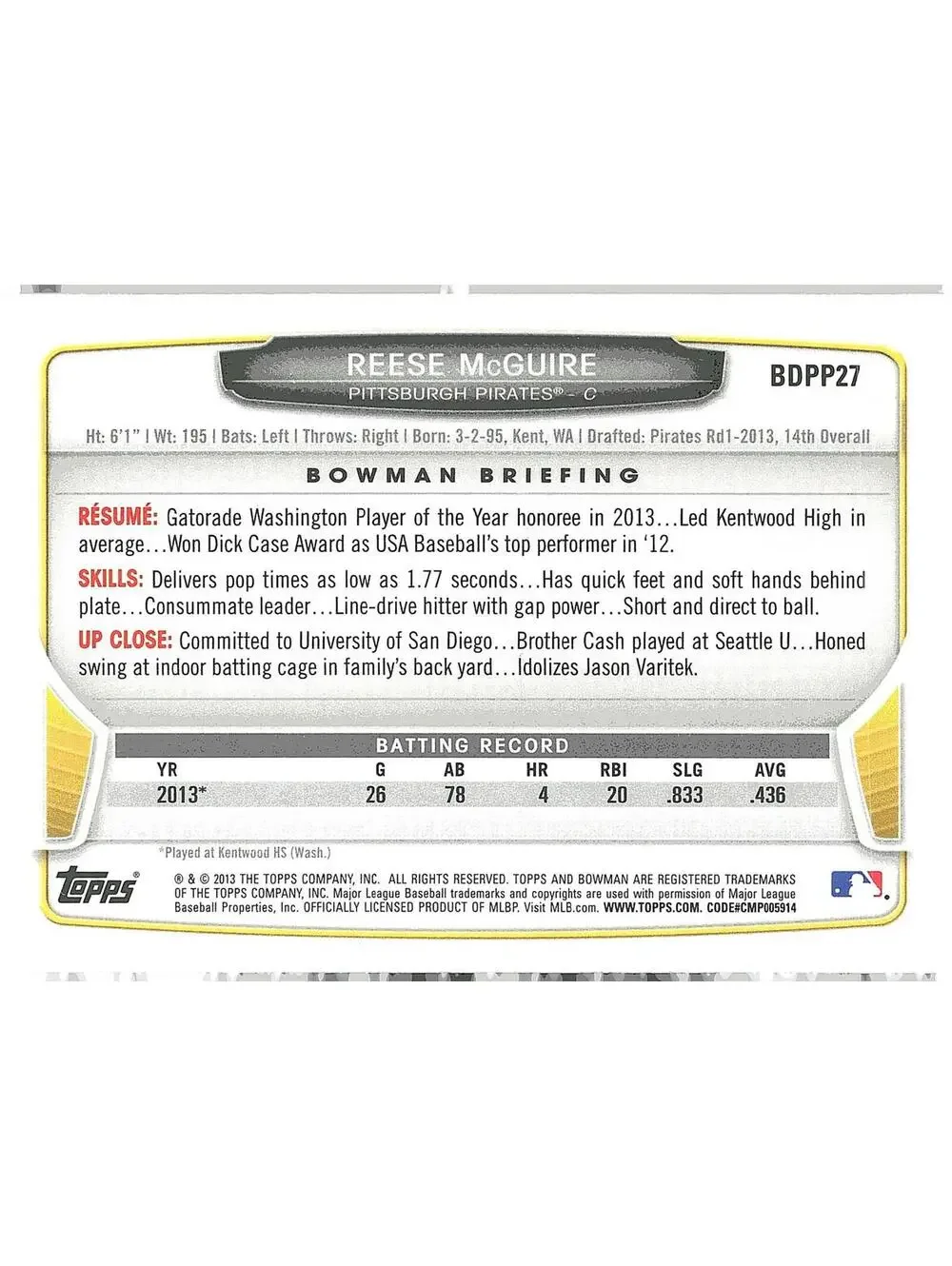 2013 Bowman Draft Picks & Prospects #BCA-RM Reese McGuire Draft HAND SIGNED
